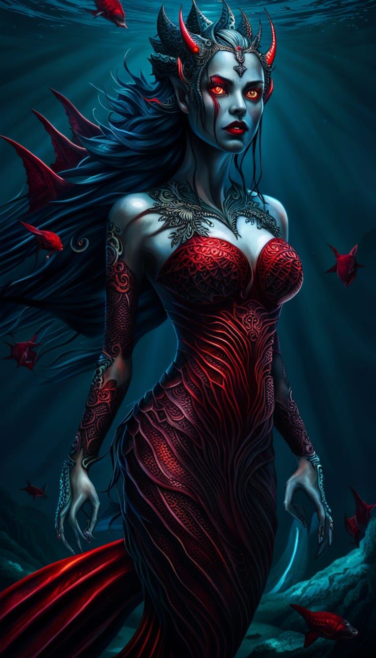 Hyperrealistic Demon Mermaid in Bloody Ocean