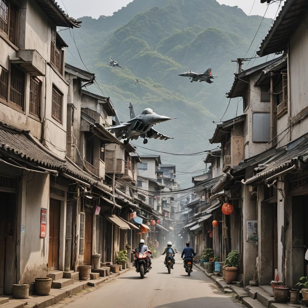 Fighter Jet Over Asian Village Street View