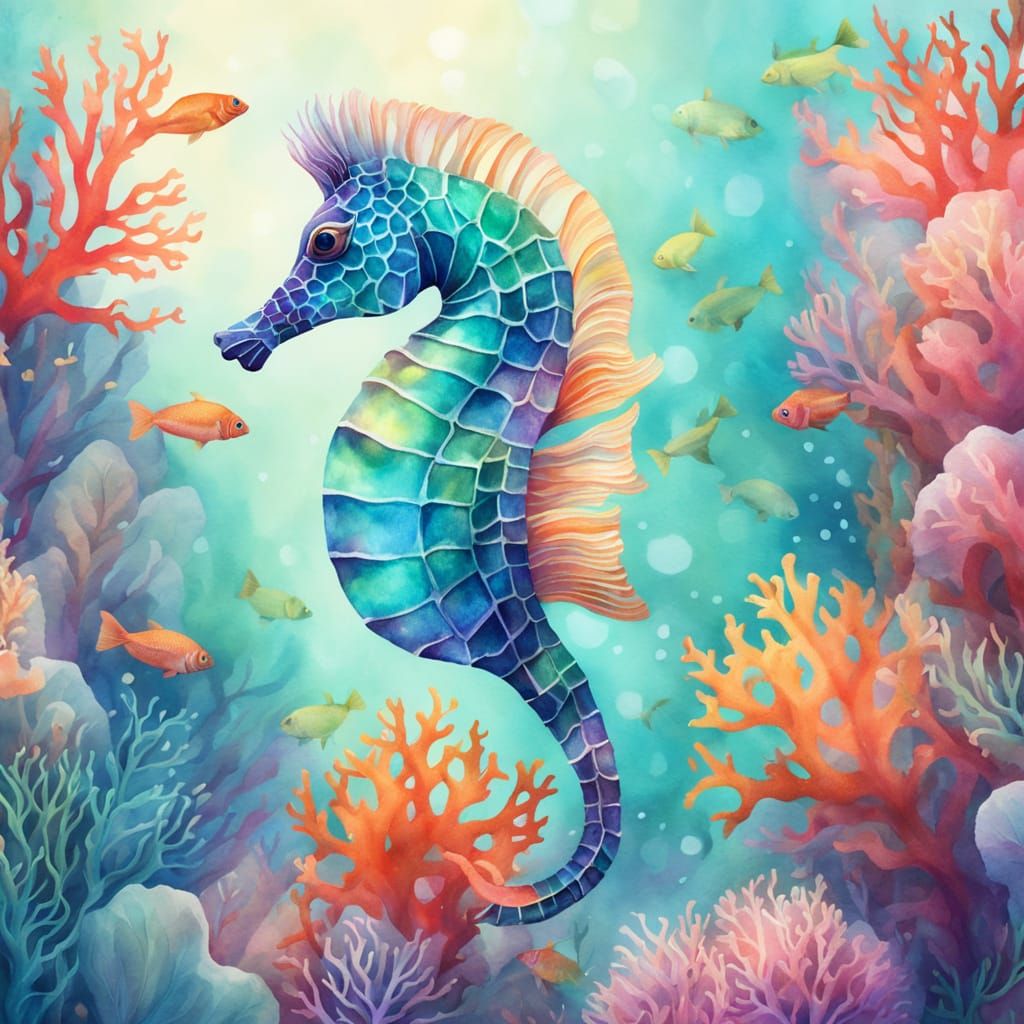 Whimsical Fantasy Sea Horse in Iridescent Ocean