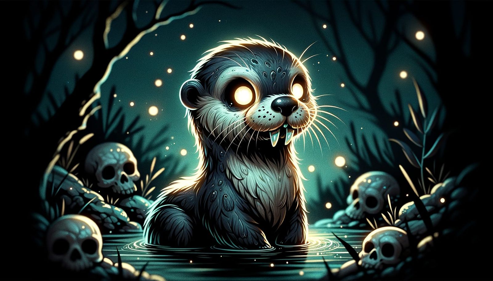 Spooky Undead Otter Illustration with Glowing Eyes