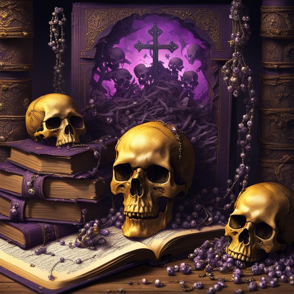 Dark Fantasy: Torn Book with Skulls and Rosaries