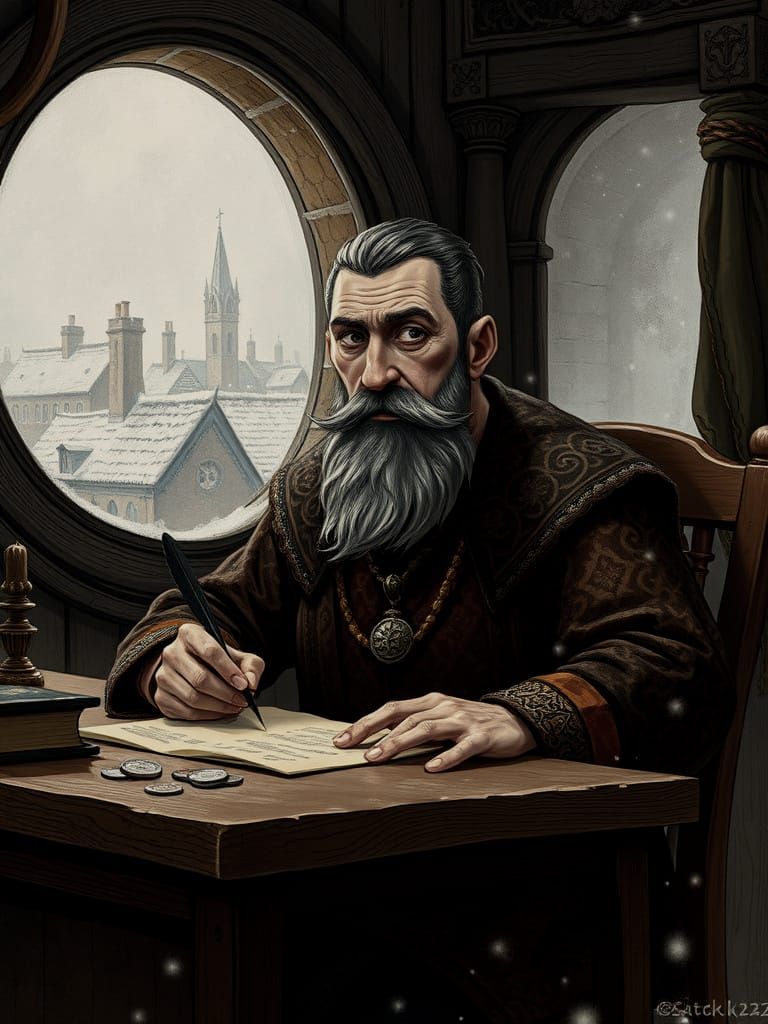 Medieval Treasurer in Snowy Gloucester: Impressionist Painti...