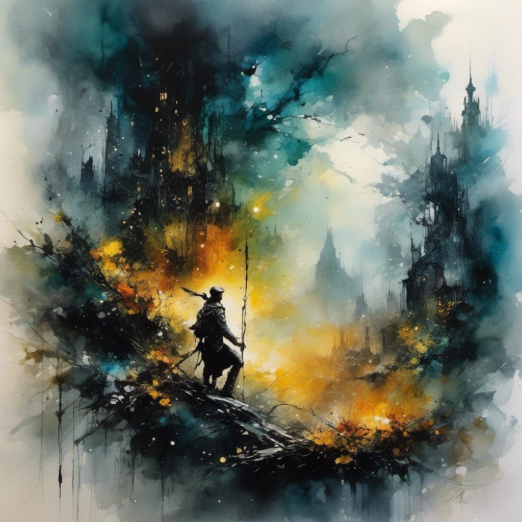 Abstract Dieselpunk Art with Ink Wash Elements