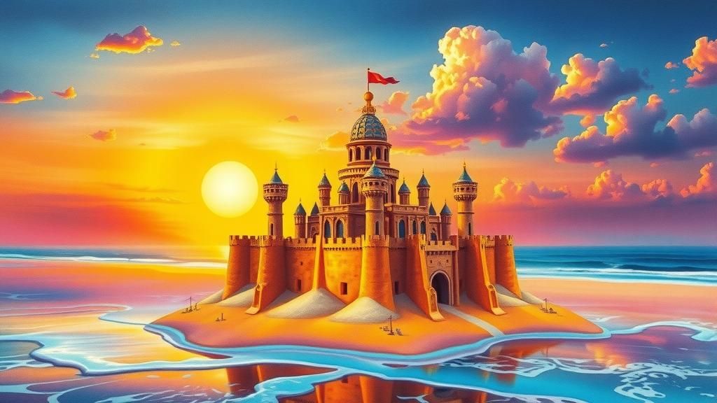 Surreal Sandcastle on Moonlit Beach, Watercolor Art