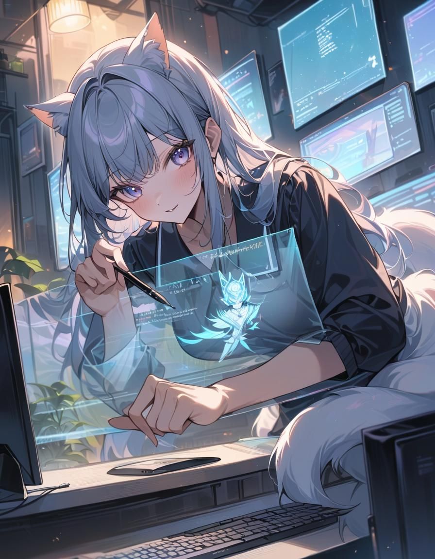 Anthropomorphic Lynx in Cybercafe with Holographic Screen