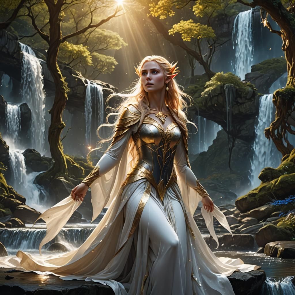 Elf Queen with Golden Hair in Fantasy Landscape