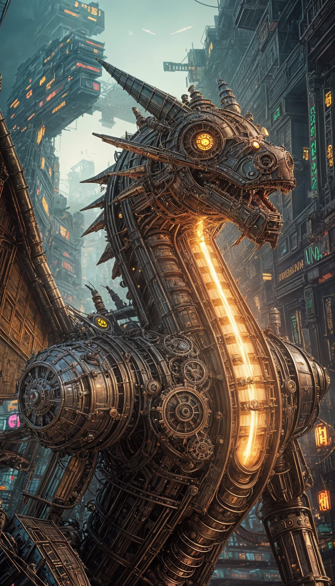 Clockwork Dragon Spewing Mist: Cyberpunk Steampunk Fusion