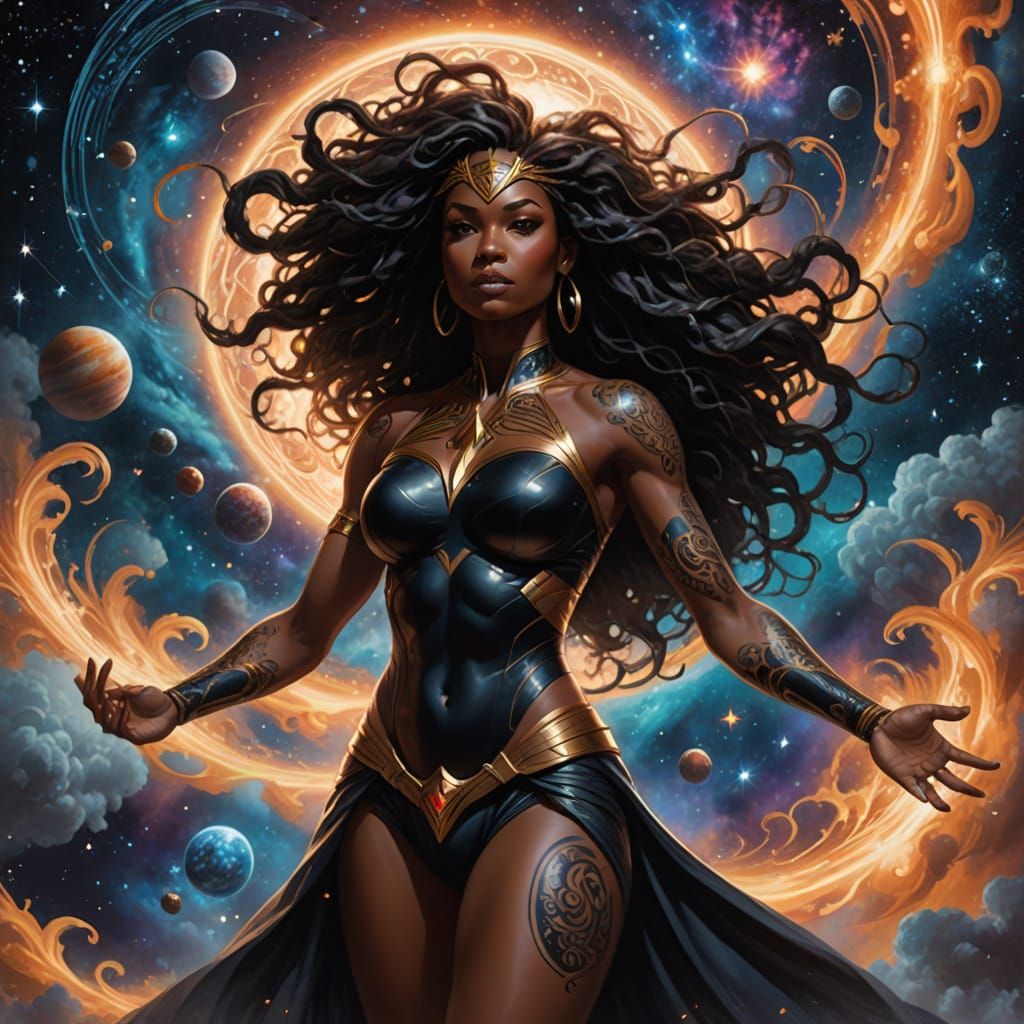 Ebony Goddess in Cosmic Convergence: Hyperrealistic Cosmic A...