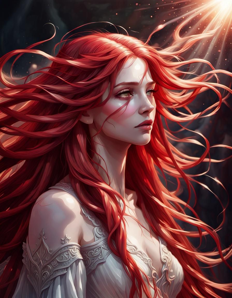 Crimson-Haired Goddess in Ethereal Sunlight, Digital Illustr...