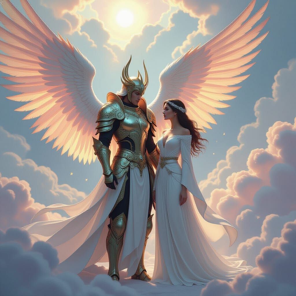 Celestial Warrior Guards Mortal Woman in Ethereal Style