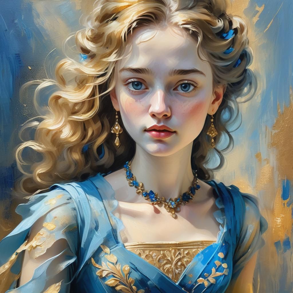 Girl in Blue Dress as Impasto Oil Painting