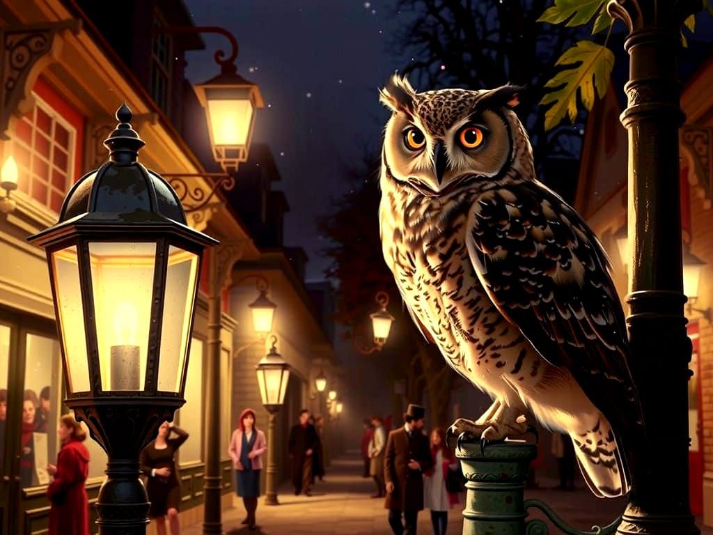 Owl Watching Stroll Under Gas Lamp Glow