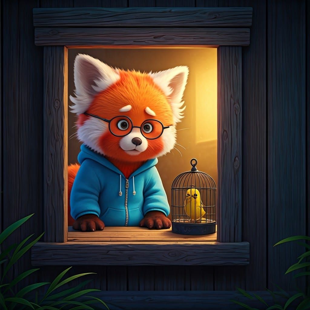 Whimsical Nighttime Scene of a Red Panda in a Cozy Old House