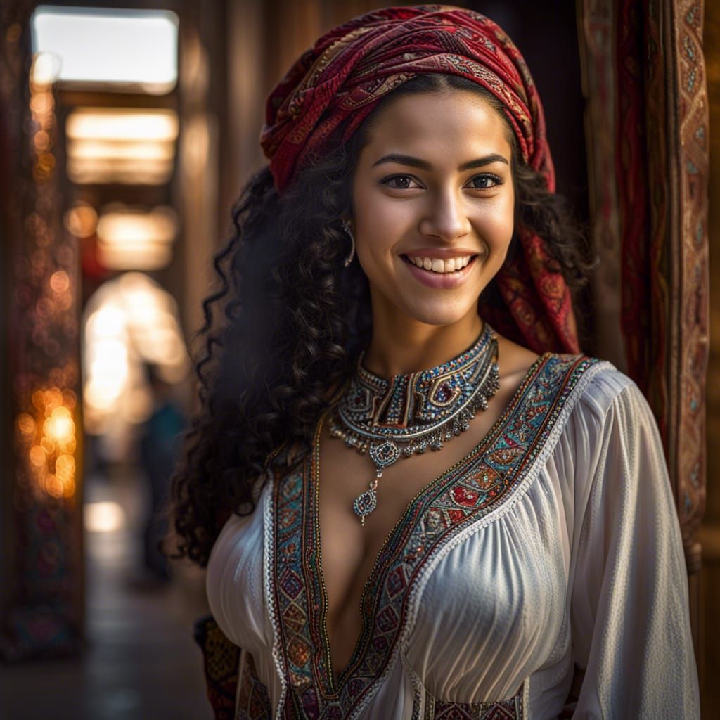 Beautiful moroccan girl, open mouth, smile face, looking at camera