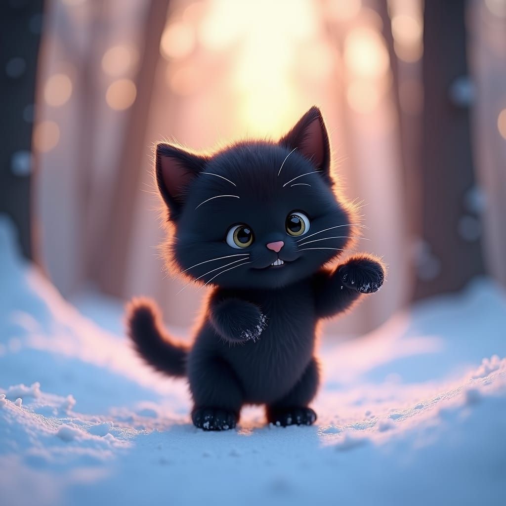 Fluffy Black Kitten Plays in Snowy Woods: 3D Art