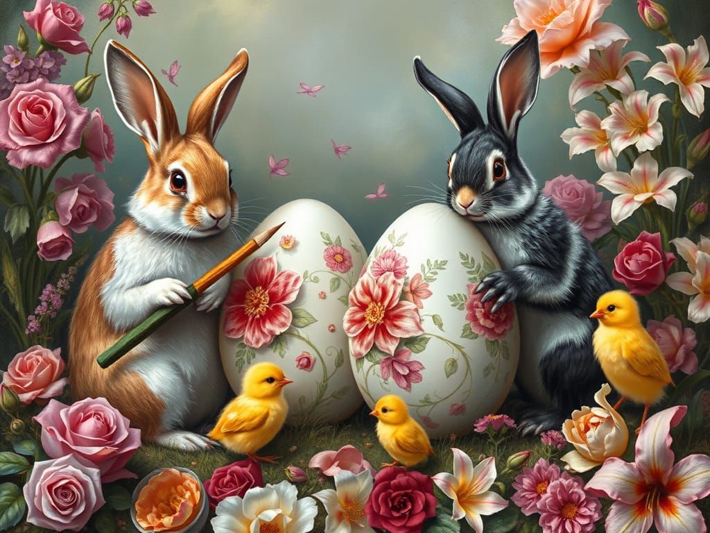 Rabbits and Chicks Painting Easter Eggs in Fantasy Landscape
