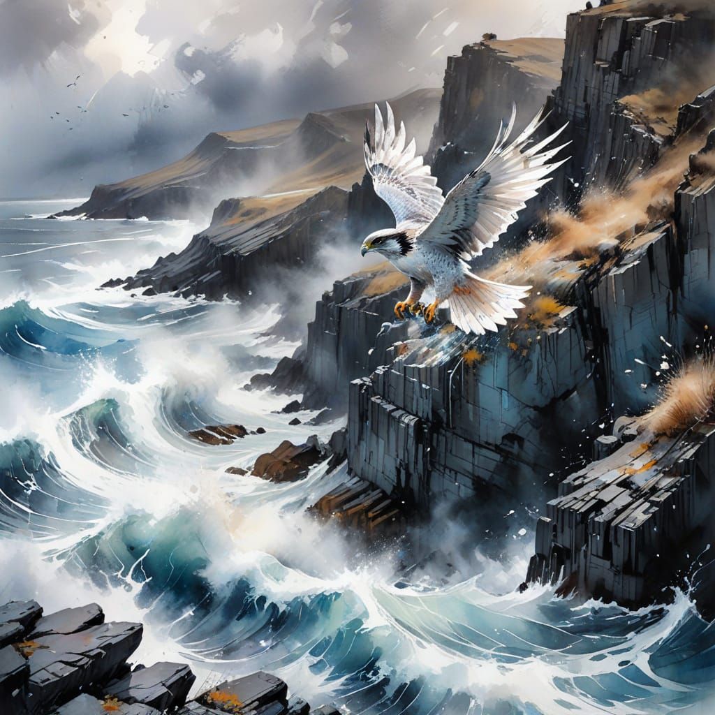 Falcon Soaring Over Stormy Coastal Cliffs in Watercolor