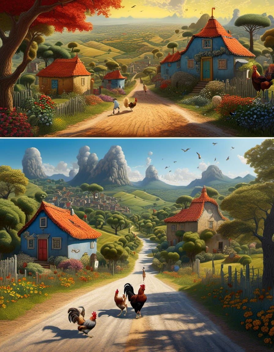 African Man Chasing Chickens in Pop Surrealism Style