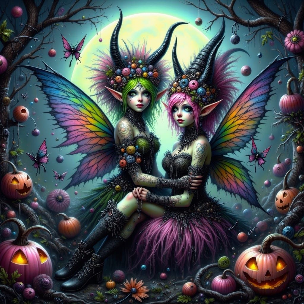 <lora:Fairy Punk:1.0> These Elves are all dressed for the Halloween night out. By artist "anime", 3d anime art, inspired...