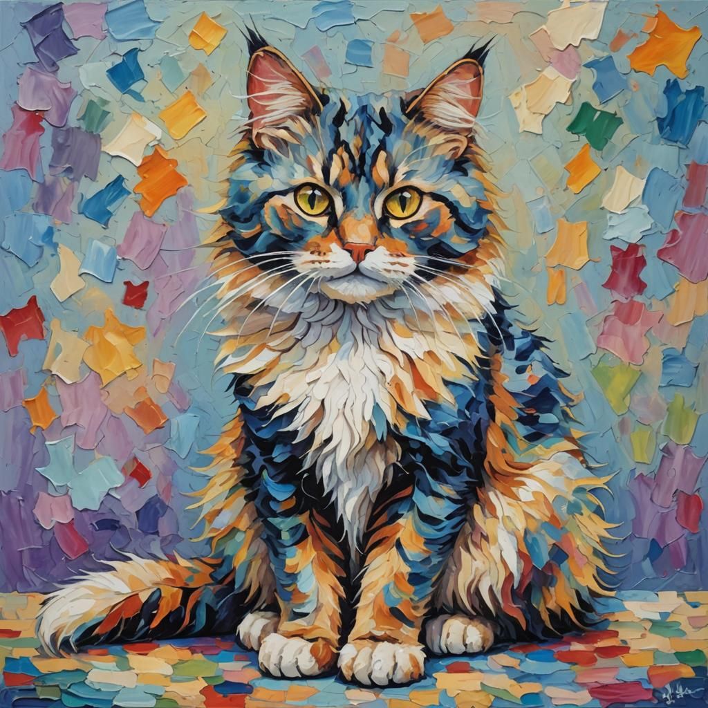 Fluffy Legless Cat: Neo-Impressionist Oil Painting
