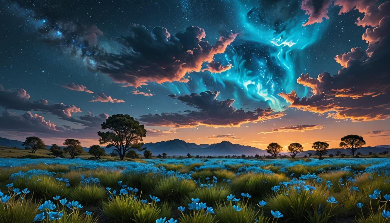 Bioluminescent Wildflower Field Under Cosmic Sky