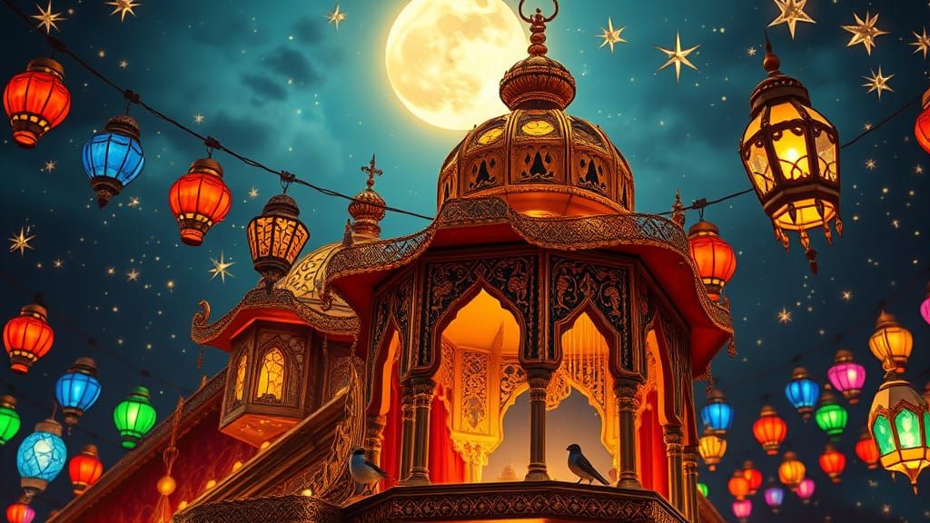 Arabian Nights Birdhouses Under a Starry Sky