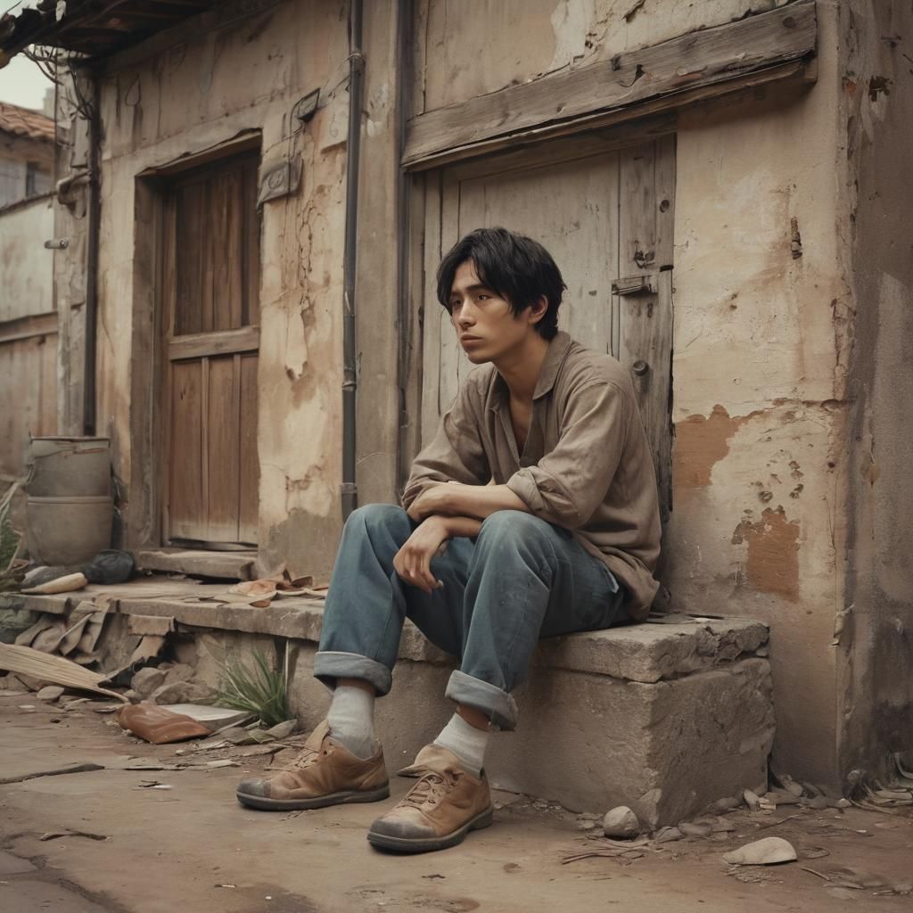 Melancholic Anime Scene: Young Man in Despair