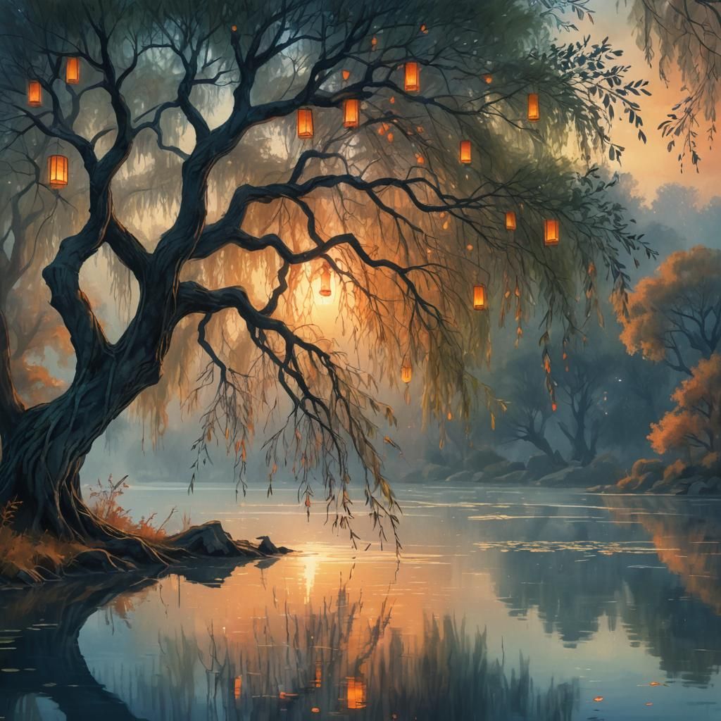 Sunset Willow Tree with Lanterns: Digital Watercolor Paintin...