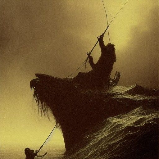 Horror Fishing Scene in Doré Style