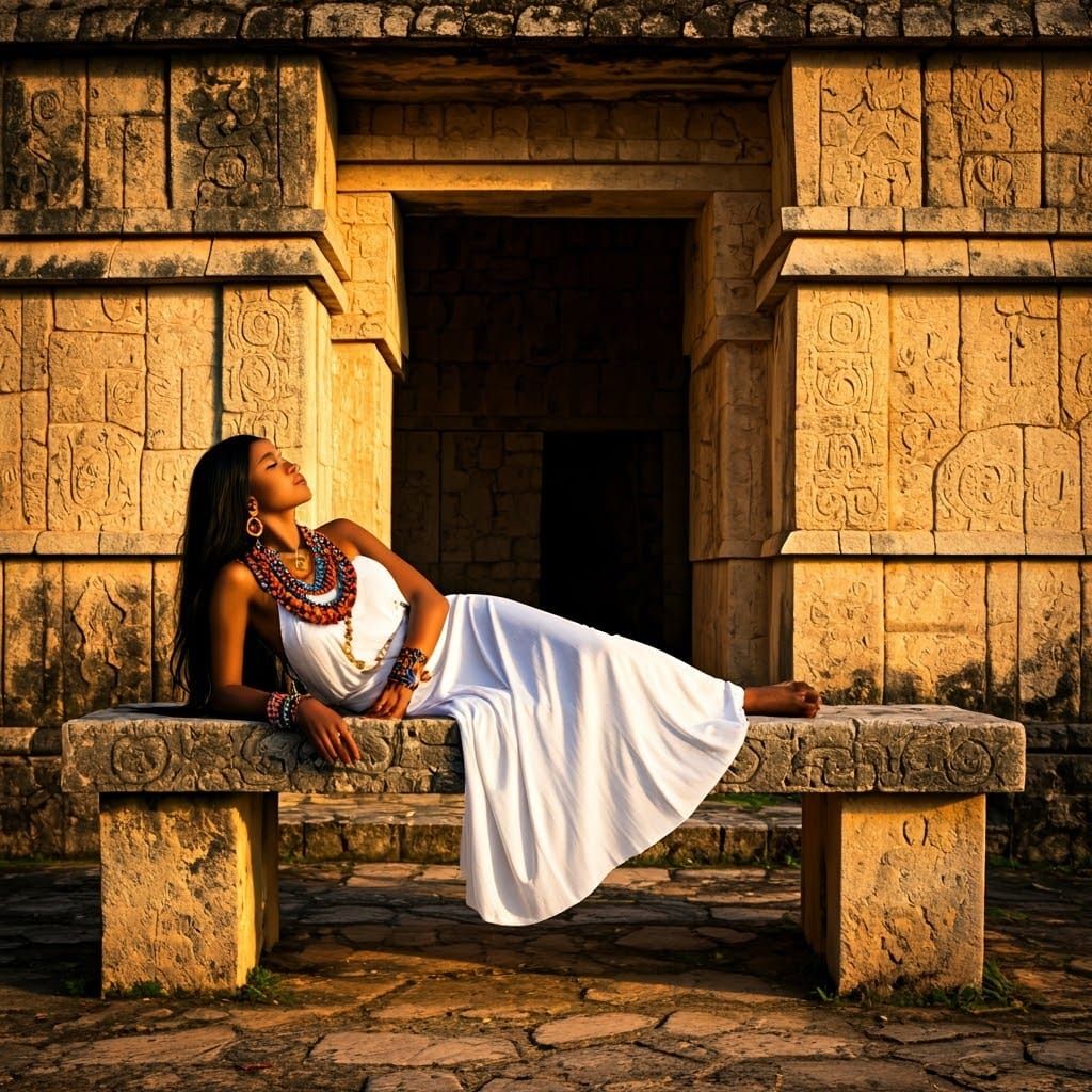 Woman on Aztec Bench in Surrealist Style