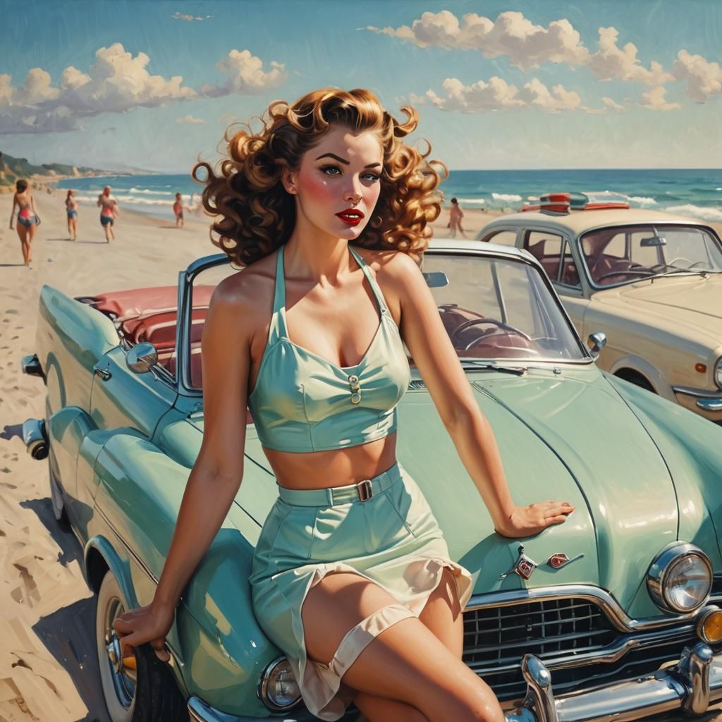 Retro Pin-Up Girl on Sports Car in Oil Painting Style