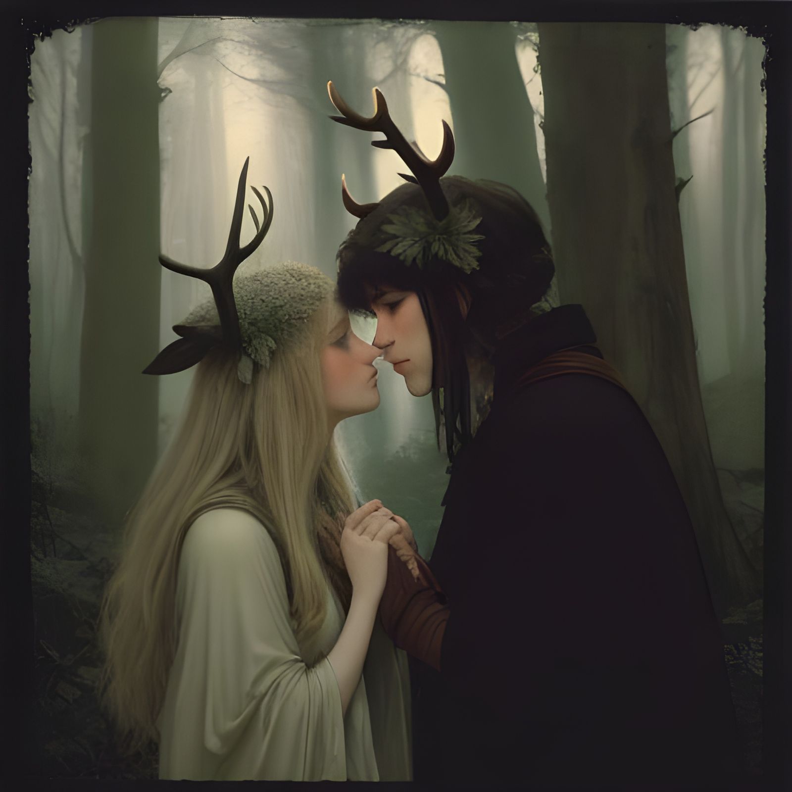 Summer and Winter Girls Kissing in Forest