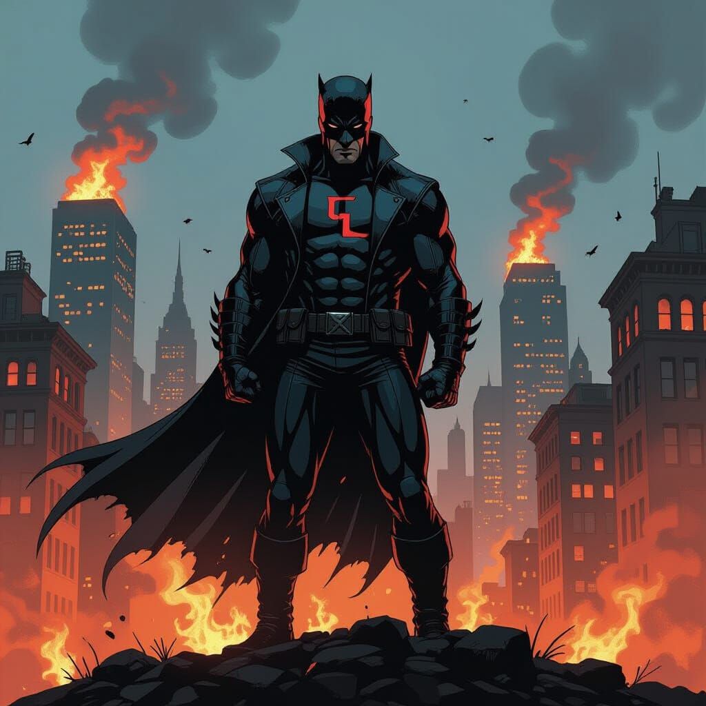 Daredevil in Burning Cityscape, Neo-Noir Comic Style