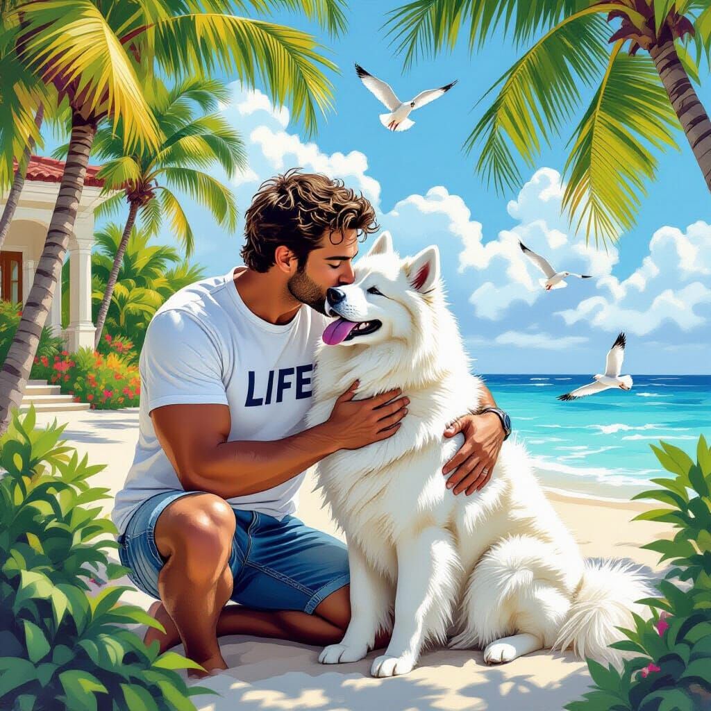Tropical Paradise: Man and Samoyed in Loving Embrace