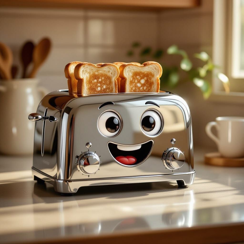 Cheerful Toaster Pops Golden Toast in Retro Kitchen