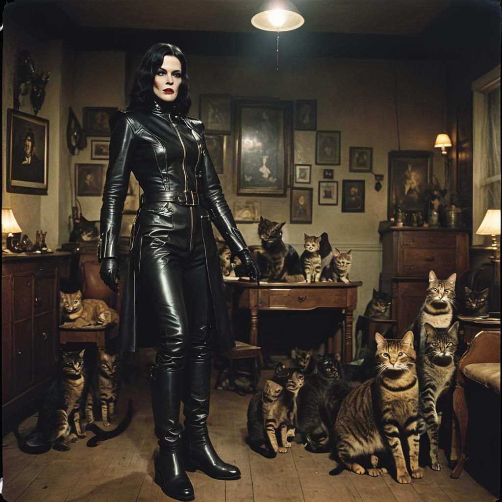 Cinematic Irma Vep Surrounded by Cats, Film Grain