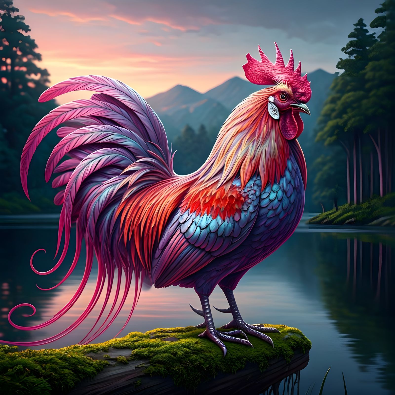Magnificent Fuchsia Rooster in Surreal Landscape