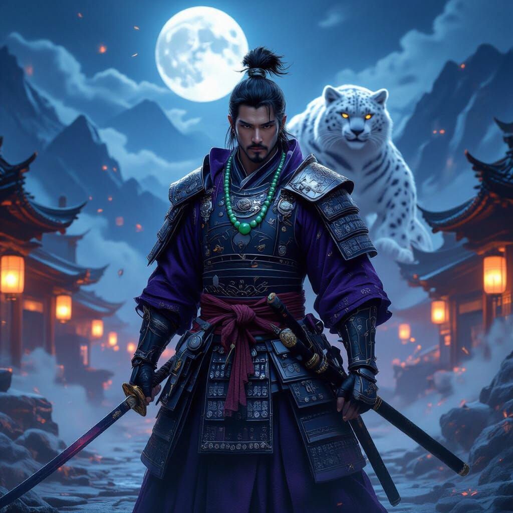 Samurai with Snow Leopard Spirit in Moonlit Temple