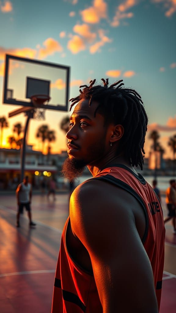 Venice Beach Sunset Basketball in Hyperdetailed Splash Art