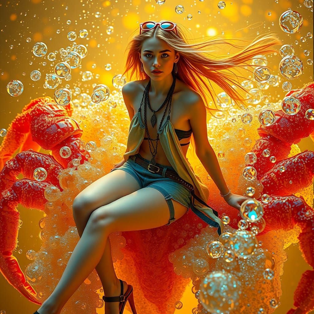 Woman on Gummy Crab in Dreamlike Soda Sea