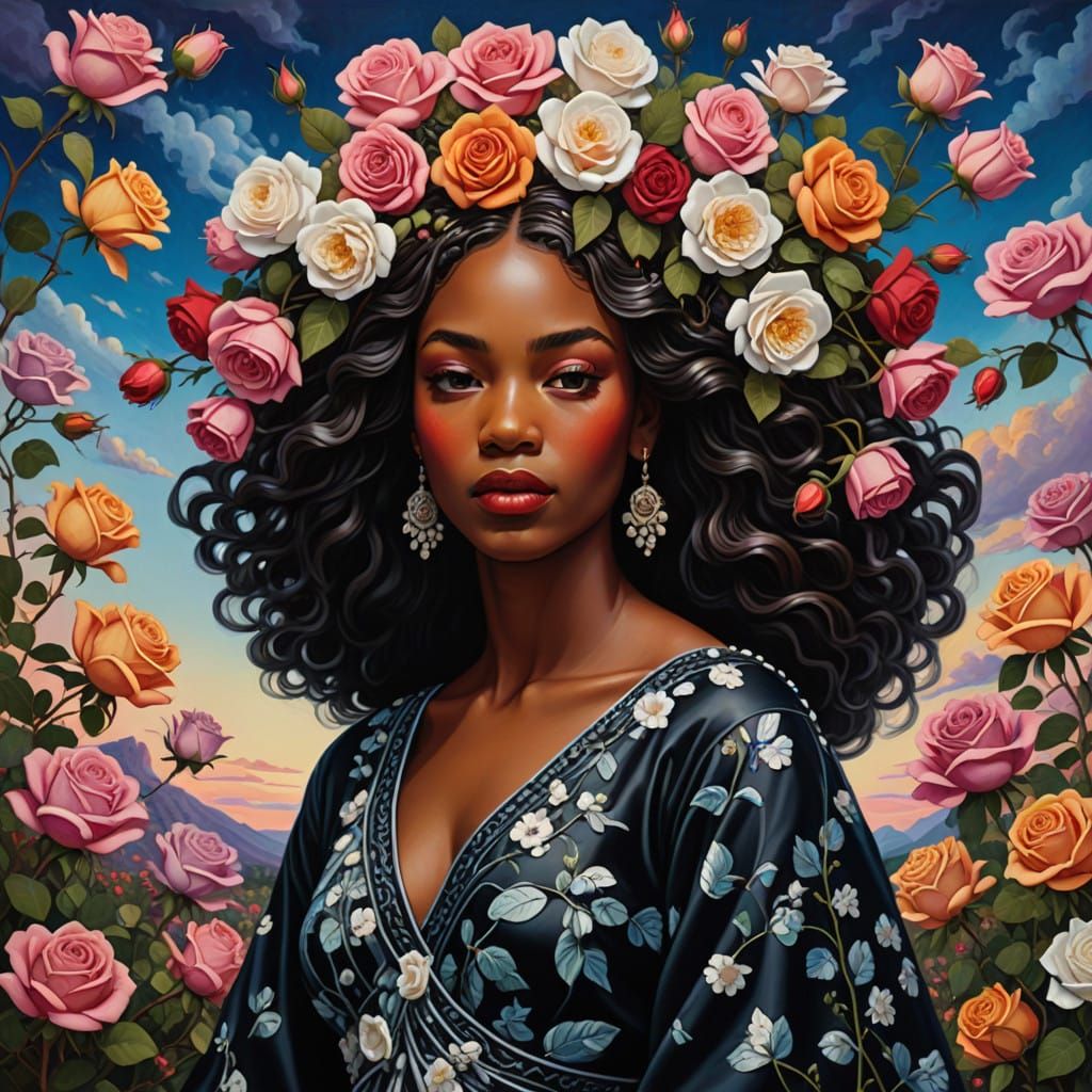Hyperrealistic Portrait of a Black Woman in a Rose Petal Gow...