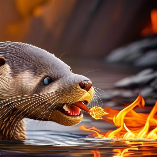 Anthropomorphic Otter Breathing Fire in Anime Style