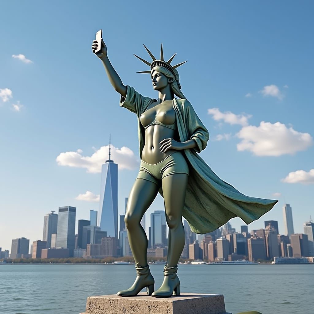 Modernized Statue of Liberty Taking Selfie in NYC