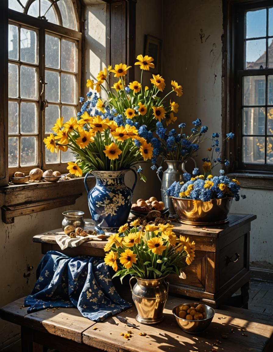 Golden and Delft Blue Flowers by Window