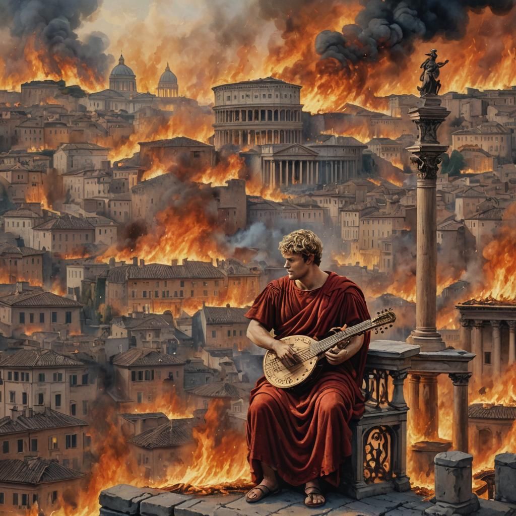 Emperor Nero playing a lyre while Rome burns in flames