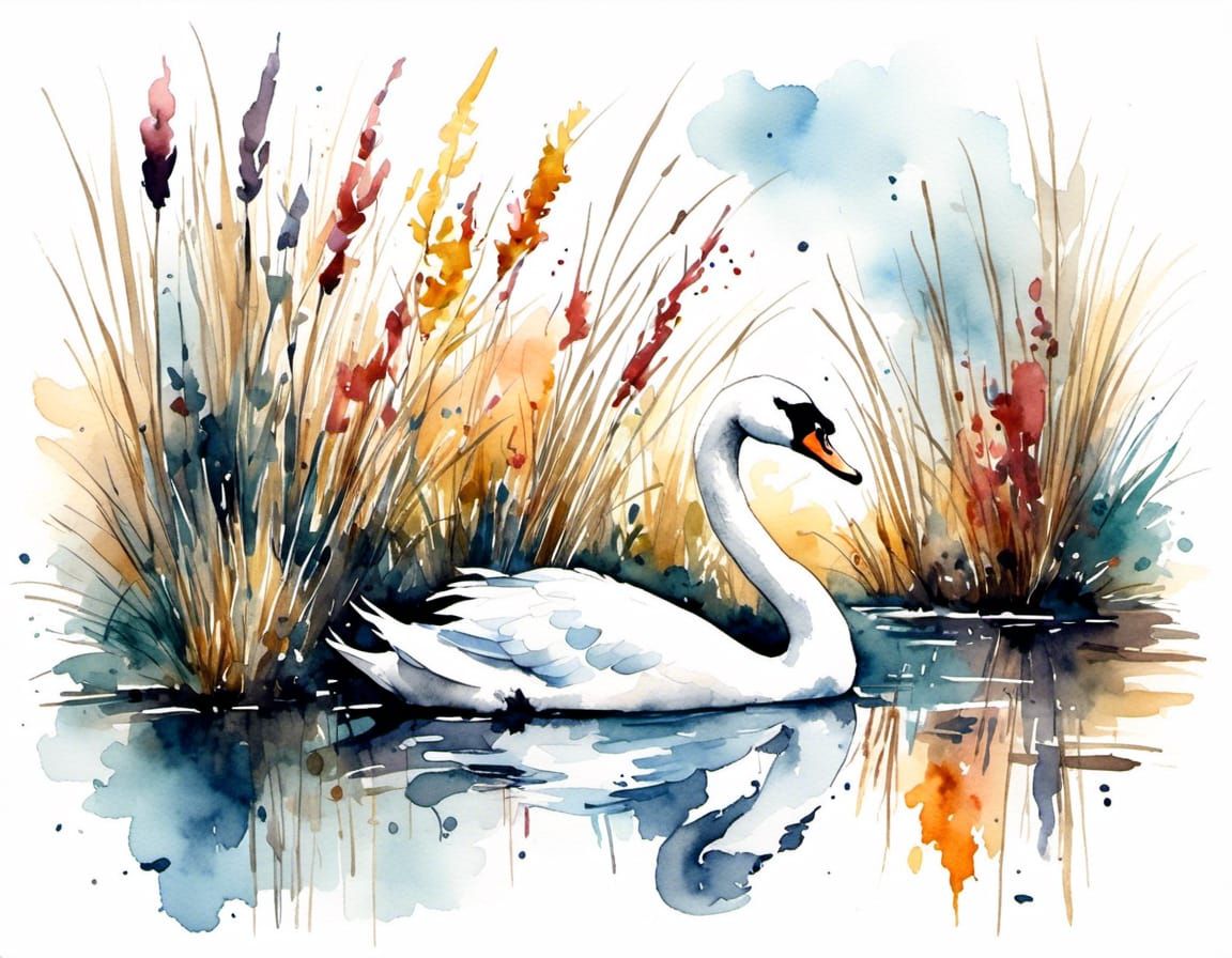 Swan in Pond: Antique Watercolor Ink Drawing