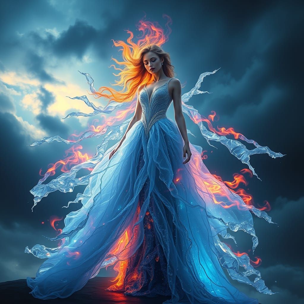 Elemental Gown of Water, Ice, and Fire in Digital Matte Styl...