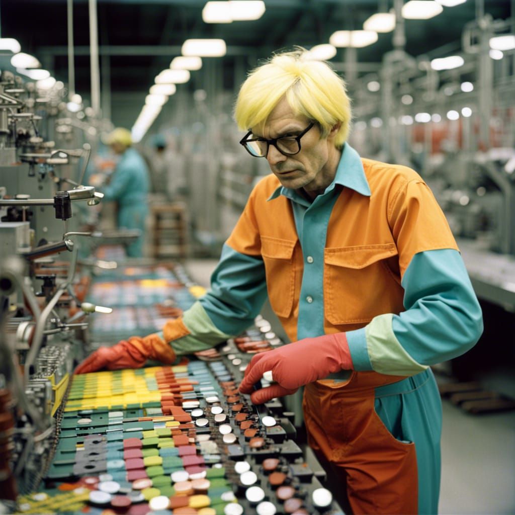 Andy Warhol working on assembly line