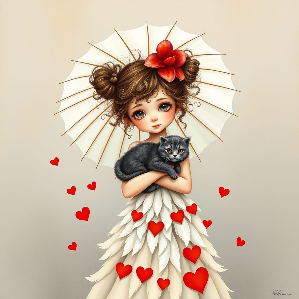 Delicate Watercolor Portrait of a Whimsical Girl with a Cat