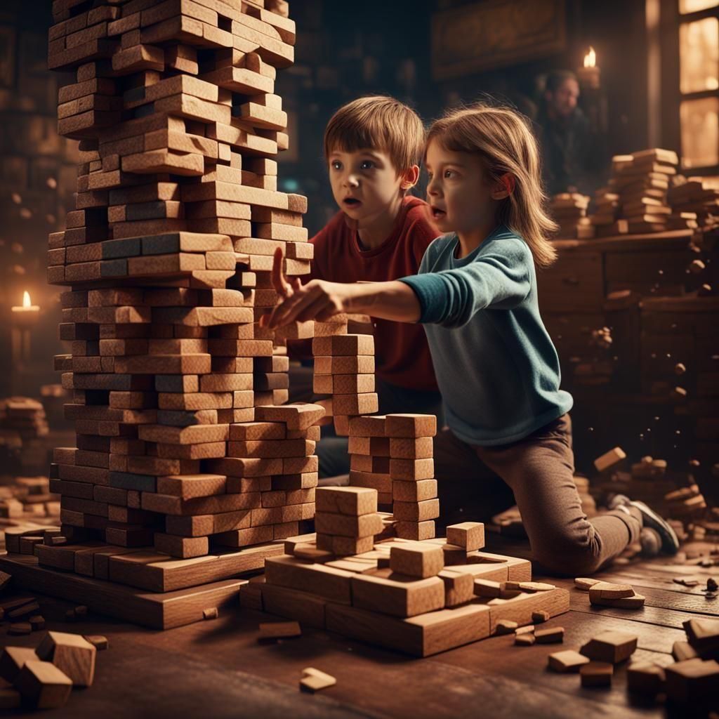 Brother and Sister's Intense Jenga Game: Matte Painting